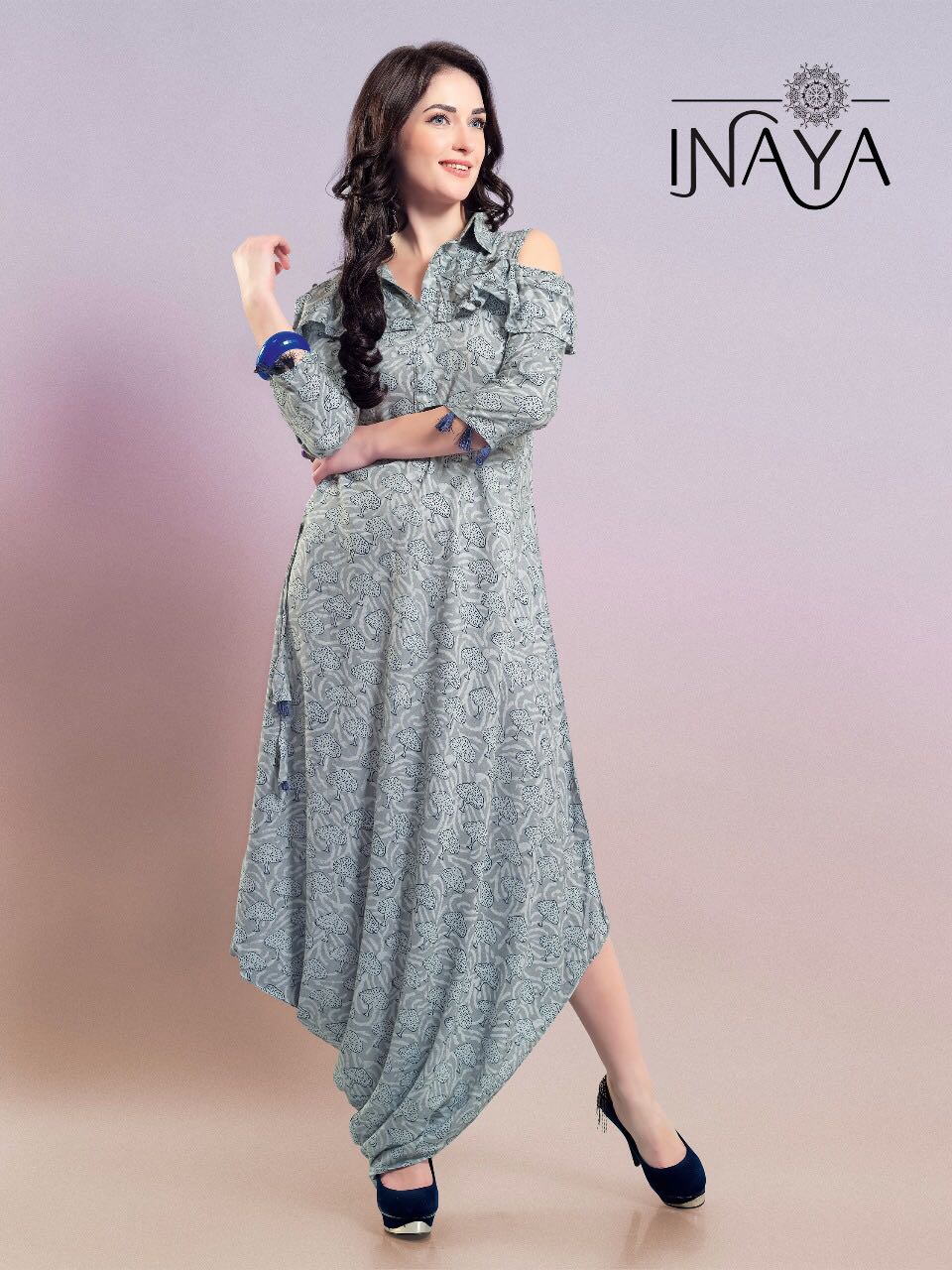 Ruffle Cold Shoulder Kurti By Inaya 01 To 02 Series Designer Colorful Stylish Fancy Beautiful Party Wear & Ethnic Wear Imported Rayon Printed Kurtis At Wholesale Price