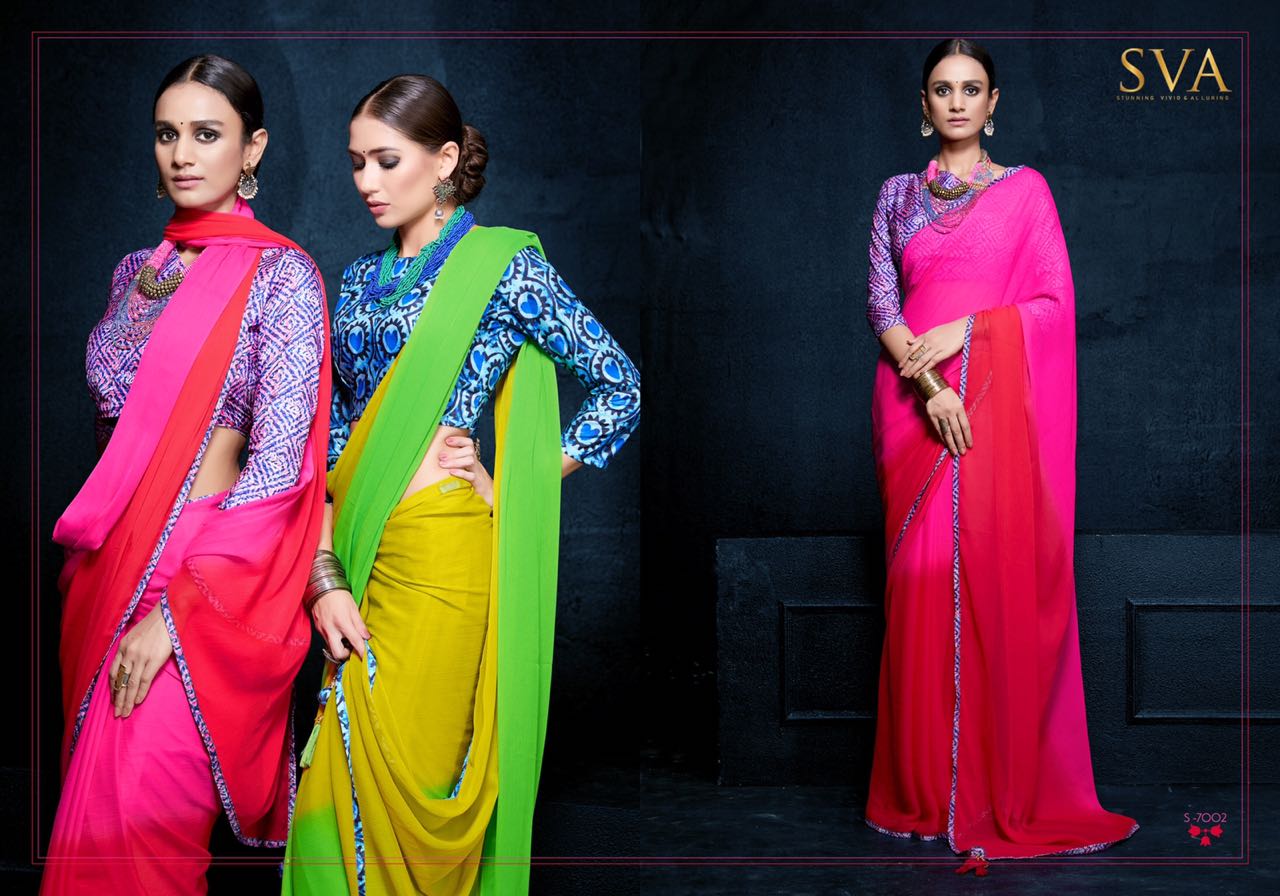 Rung By Sva 7001 To 7010 Series Indian Traditional Wear Collection Beautiful Stylish Fancy Colorful Party Wear & Occasional Wear Pure Chiffon Sarees At Wholesale Price