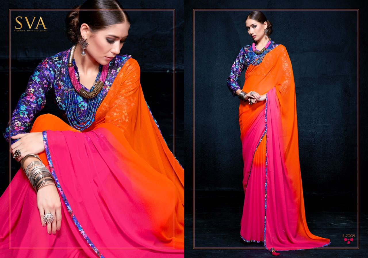 Rung By Sva 7001 To 7010 Series Indian Traditional Wear Collection Beautiful Stylish Fancy Colorful Party Wear & Occasional Wear Pure Chiffon Sarees At Wholesale Price