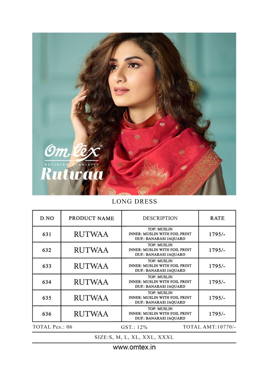 Rutwaa By Om Tex 631 To 636 Series Beautiful Stylish Colorful Fancy Party Wear & Ethnic Wear & Ready To Wear Muslin Printed Dresses At Wholesale Price