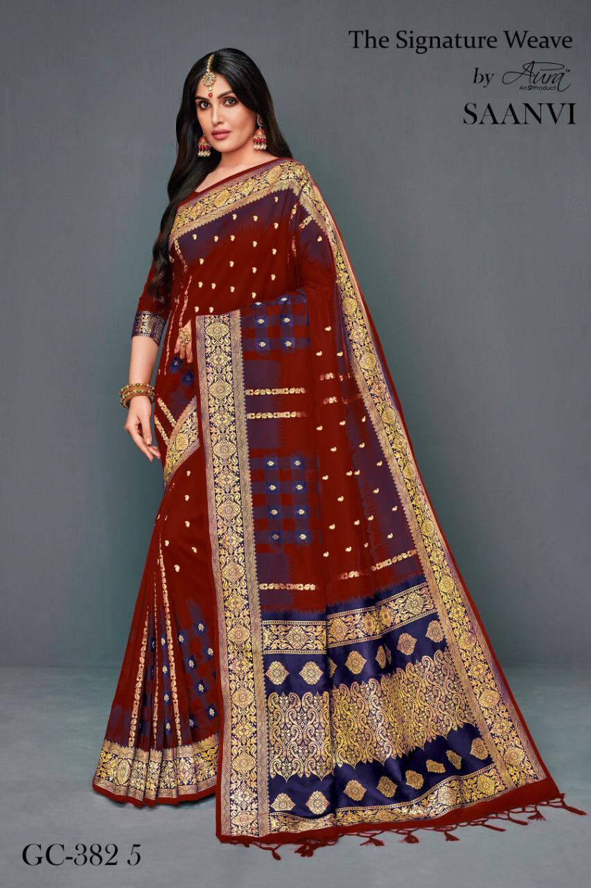 Saanvi By Aura 3821 To 3828 Series Indian Traditional Wear Collection Beautiful Stylish Fancy Colorful Party Wear & Occasional Wear Lichi Silk Printed Sarees At Wholesale Price