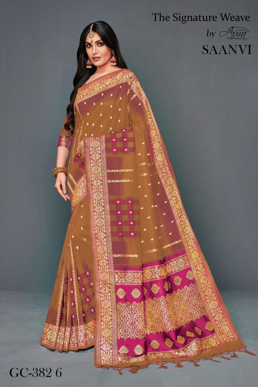 Saanvi By Aura 3821 To 3828 Series Indian Traditional Wear Collection Beautiful Stylish Fancy Colorful Party Wear & Occasional Wear Lichi Silk Printed Sarees At Wholesale Price