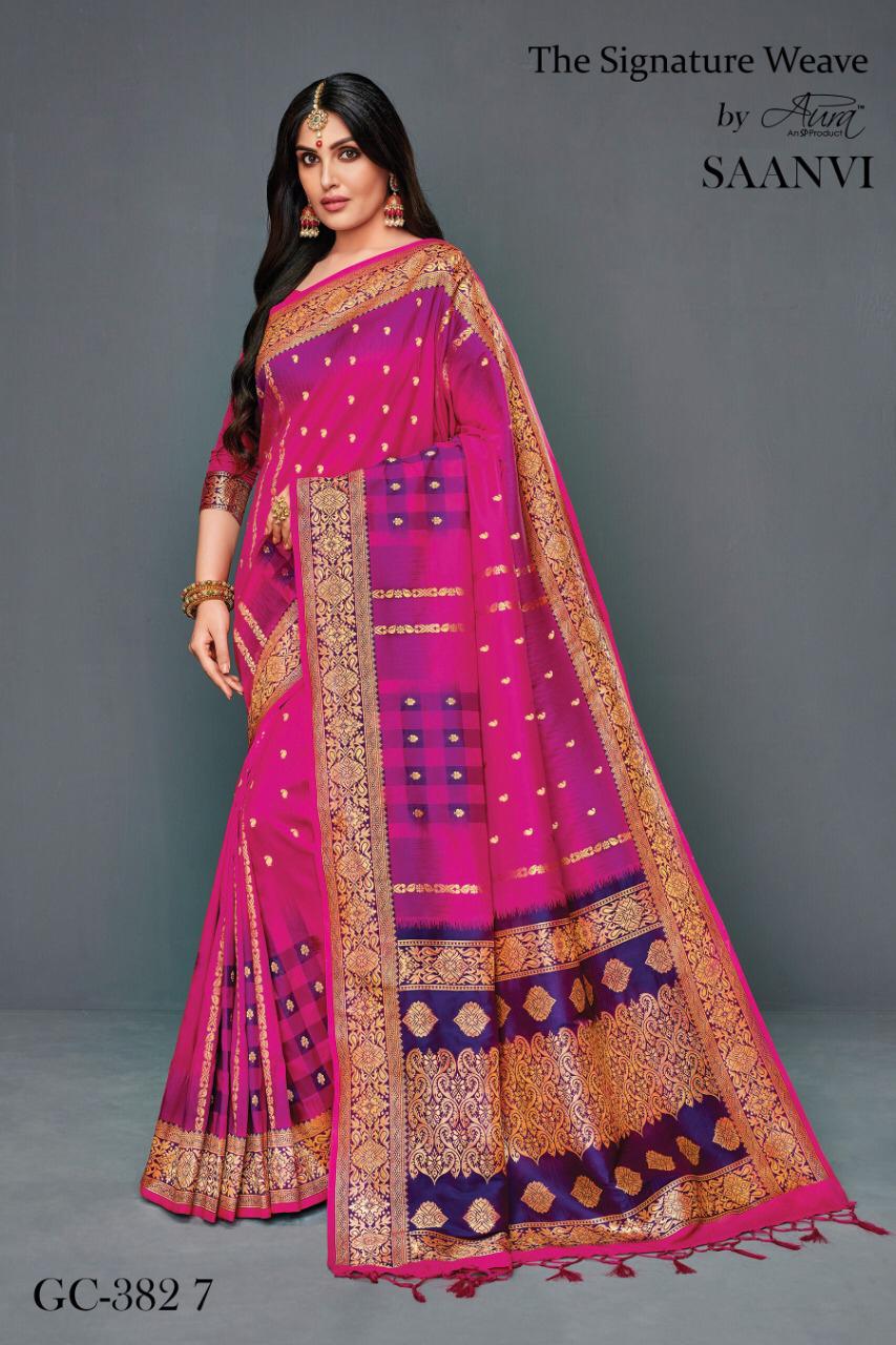 Saanvi By Aura 3821 To 3828 Series Indian Traditional Wear Collection Beautiful Stylish Fancy Colorful Party Wear & Occasional Wear Lichi Silk Printed Sarees At Wholesale Price