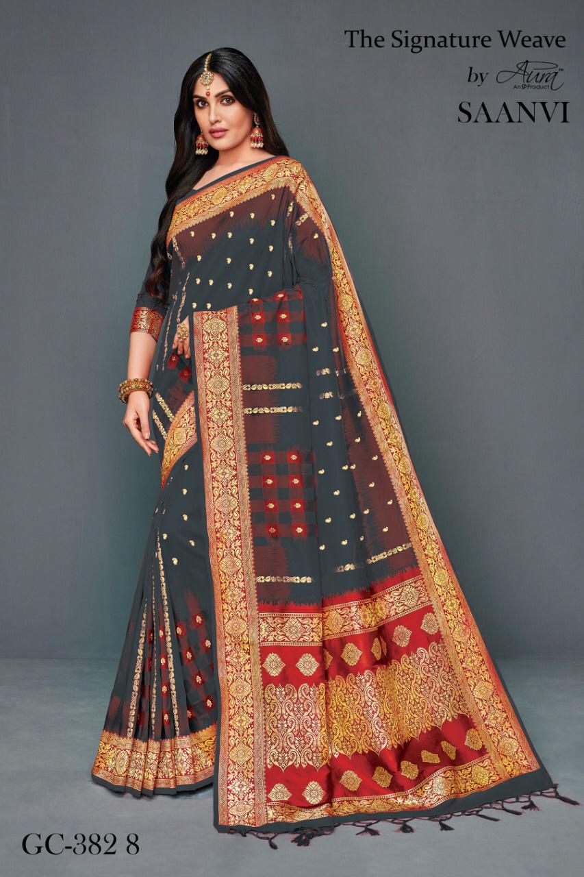 Saanvi By Aura 3821 To 3828 Series Indian Traditional Wear Collection Beautiful Stylish Fancy Colorful Party Wear & Occasional Wear Lichi Silk Printed Sarees At Wholesale Price