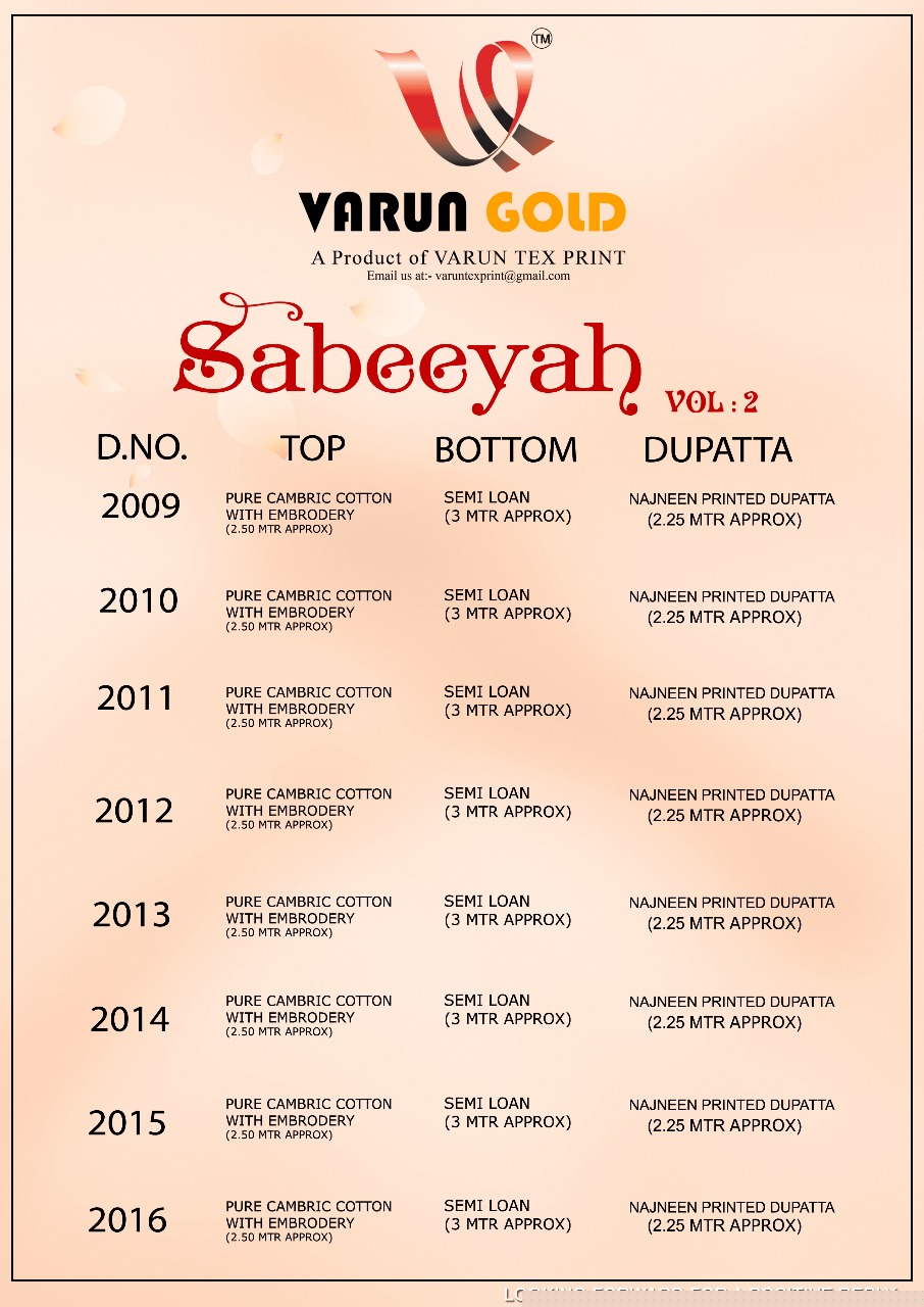 Sabeeyah Vol-2 By Varun Tex 2009 To 2016 Series Beautiful Stylish Fancy Colorful Ethnic Wear & Party Wear Pure Cambric Cotton Printed & Embroidered Dresses At Wholesale Price