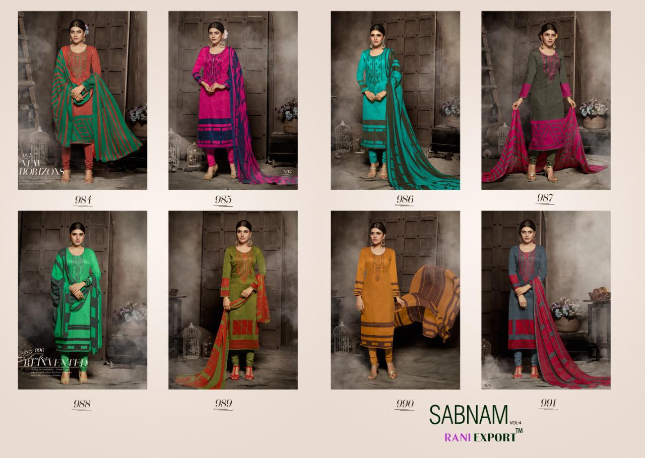 Sabnam Vol-4 By Rani Export 984 To 991 Series Designer Suits Colorful Stylish Fancy Beautiful Collection Casual Wear & Ethnic Wear Pure Jam Cotton Print With Embroidery Dresses At Wholesale Price