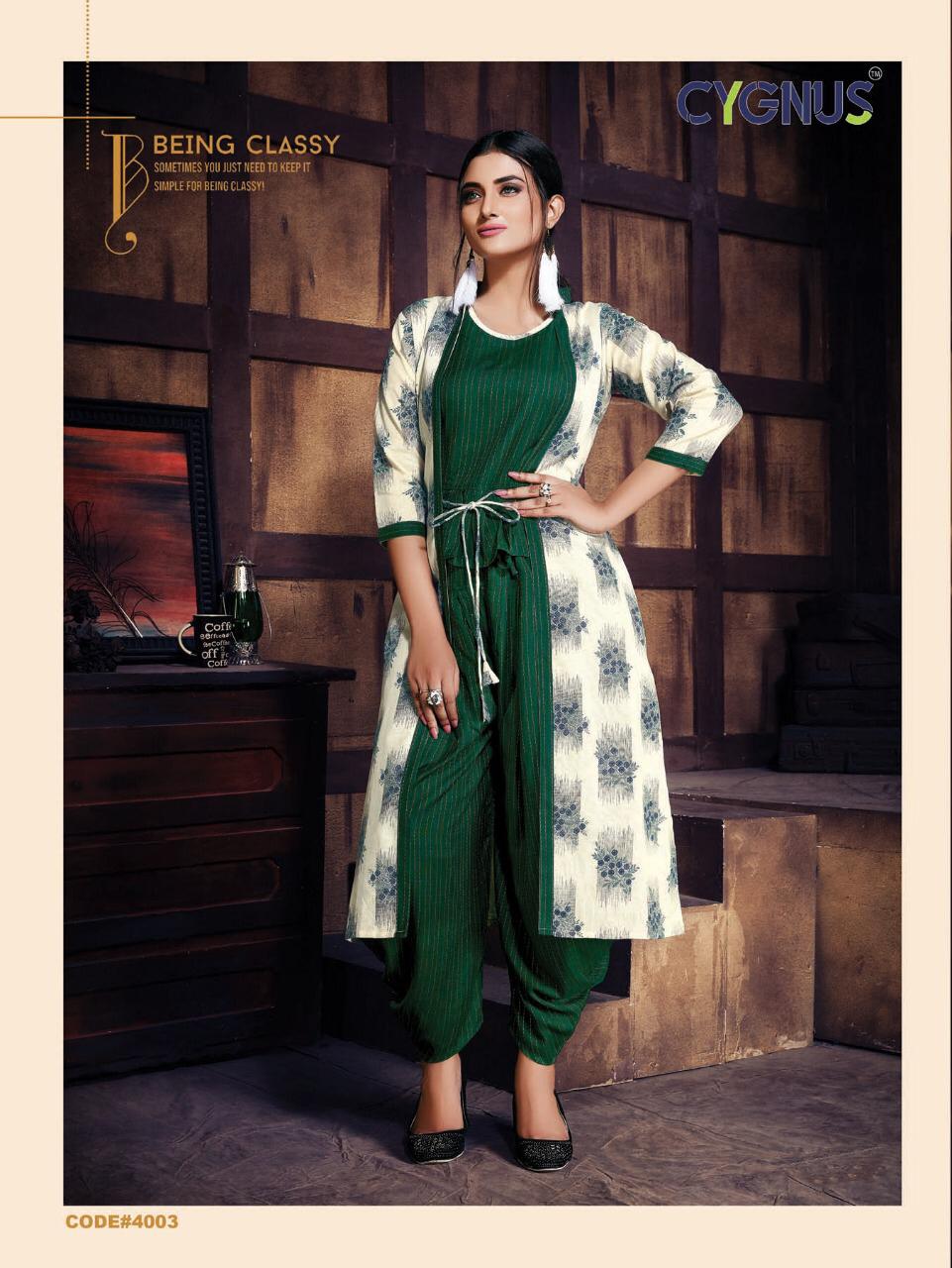 Saffron By Cygnus 4001 To 4006 Series Beautiful Colorful Stylish Fancy Casual Wear & Ethnic Wear & Ready To Wear Heavy Rayon Printed Kurtis With Dhoti And Shrug At Wholesale Price