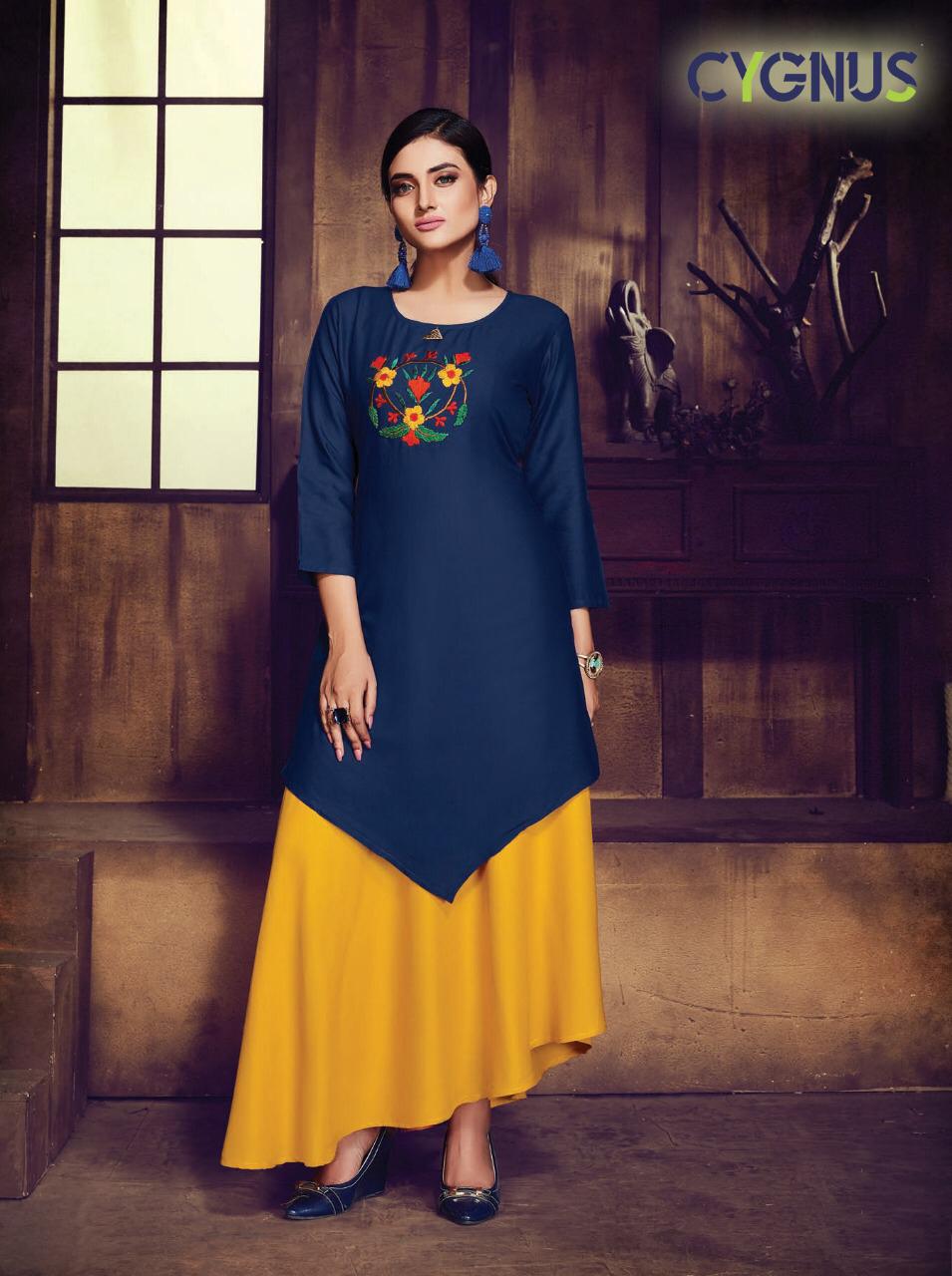 Saffron By Cygnus 4001 To 4006 Series Beautiful Colorful Stylish Fancy Casual Wear & Ethnic Wear & Ready To Wear Heavy Rayon Printed Kurtis With Dhoti And Shrug At Wholesale Price