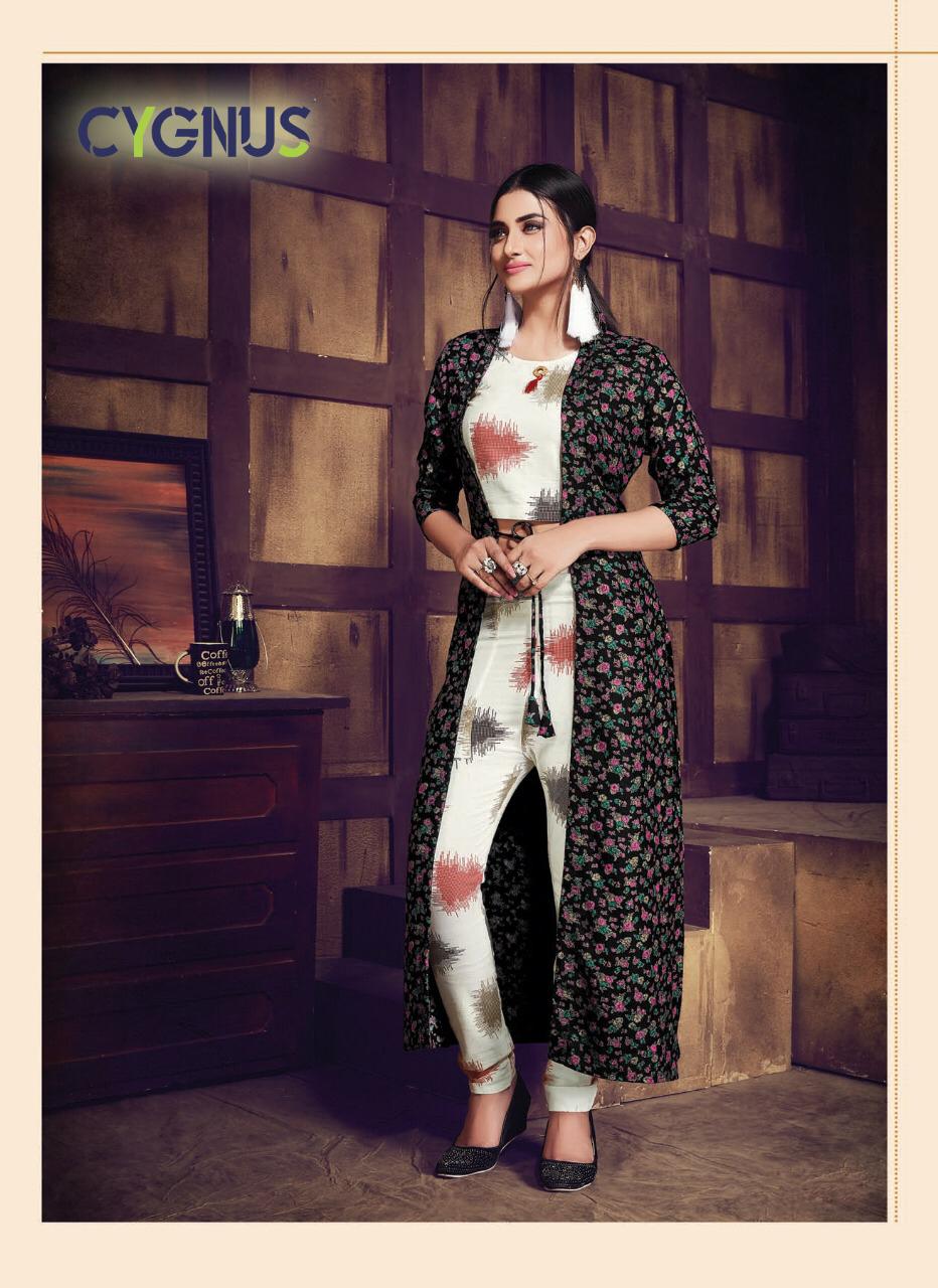Saffron By Cygnus 4001 To 4006 Series Beautiful Colorful Stylish Fancy Casual Wear & Ethnic Wear & Ready To Wear Heavy Rayon Printed Kurtis With Dhoti And Shrug At Wholesale Price