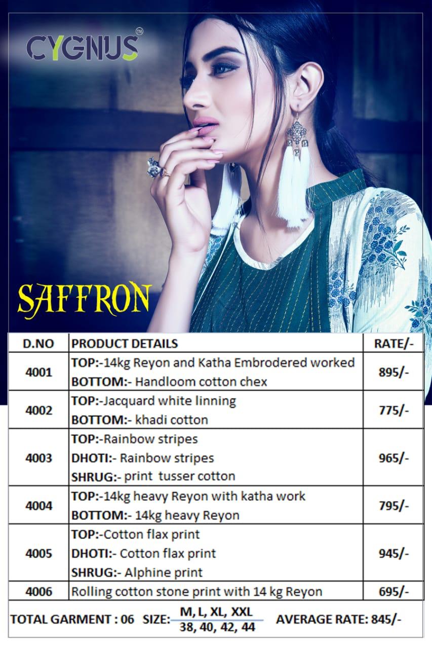 Saffron By Cygnus 4001 To 4006 Series Beautiful Colorful Stylish Fancy Casual Wear & Ethnic Wear & Ready To Wear Heavy Rayon Printed Kurtis With Dhoti And Shrug At Wholesale Price