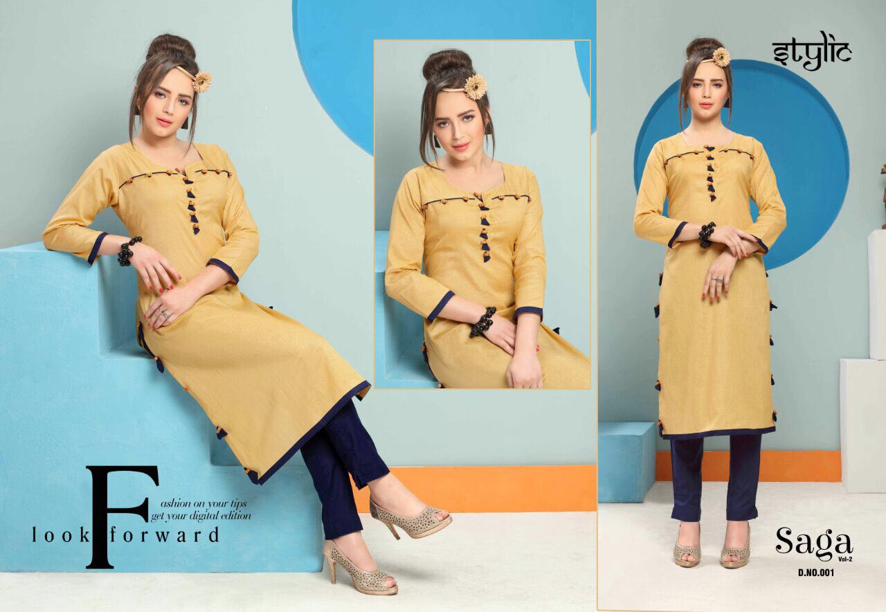 Saga Vol-2 By Stylic 001 To 010 Series Stylish Fancy Colorful Beautiful Casual Wear & Ethnic Wear Collection Dyed Flex Kurtis With Pants At Wholesale Price
