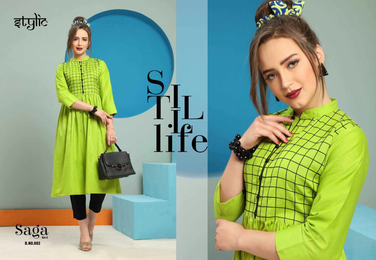 Saga Vol-2 By Stylic 001 To 010 Series Stylish Fancy Colorful Beautiful Casual Wear & Ethnic Wear Collection Dyed Flex Kurtis With Pants At Wholesale Price