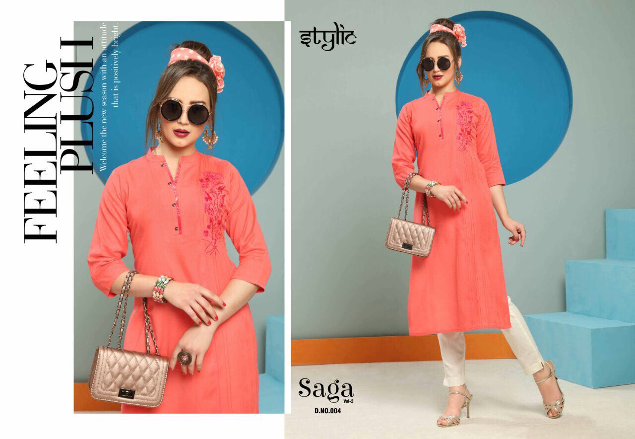 Saga Vol-2 By Stylic 001 To 010 Series Stylish Fancy Colorful Beautiful Casual Wear & Ethnic Wear Collection Dyed Flex Kurtis With Pants At Wholesale Price