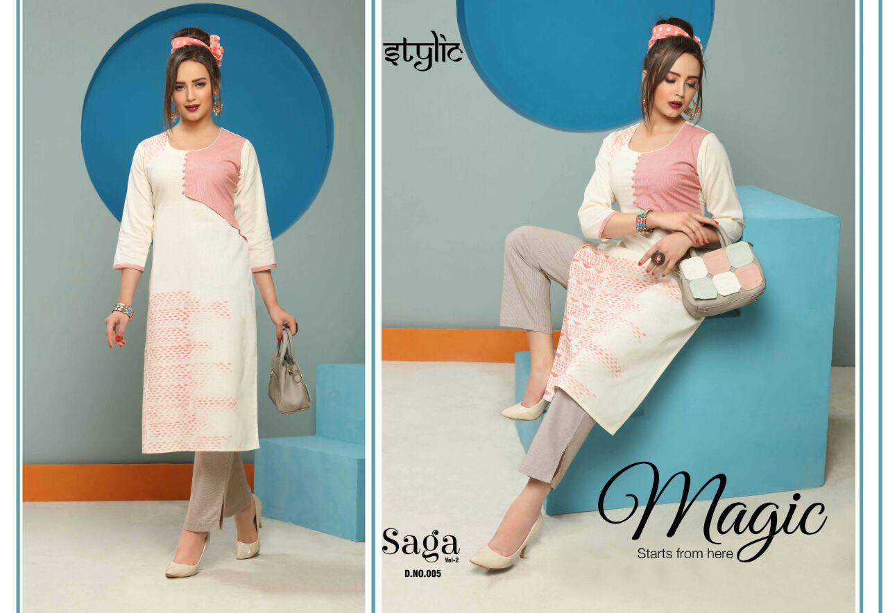 Saga Vol-2 By Stylic 001 To 010 Series Stylish Fancy Colorful Beautiful Casual Wear & Ethnic Wear Collection Dyed Flex Kurtis With Pants At Wholesale Price