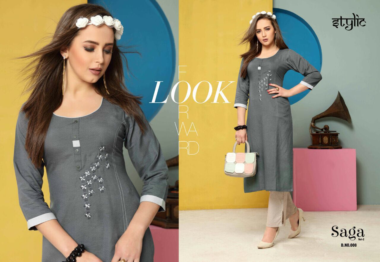 Saga Vol-2 By Stylic 001 To 010 Series Stylish Fancy Colorful Beautiful Casual Wear & Ethnic Wear Collection Dyed Flex Kurtis With Pants At Wholesale Price