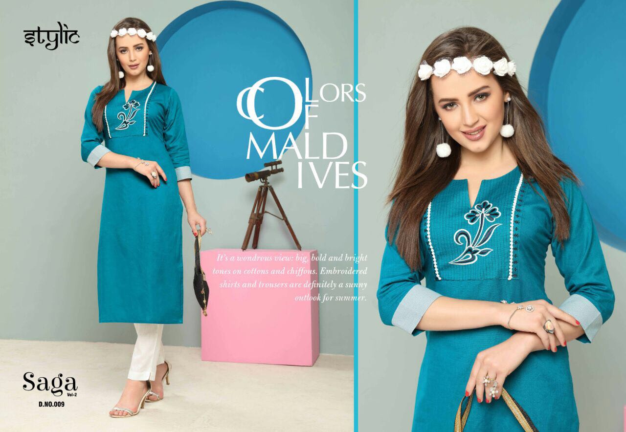 Saga Vol-2 By Stylic 001 To 010 Series Stylish Fancy Colorful Beautiful Casual Wear & Ethnic Wear Collection Dyed Flex Kurtis With Pants At Wholesale Price