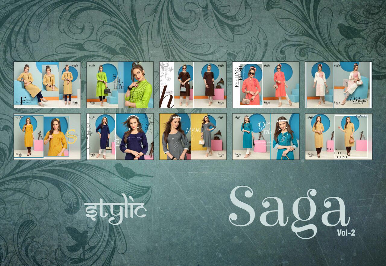 Saga Vol-2 By Stylic 001 To 010 Series Stylish Fancy Colorful Beautiful Casual Wear & Ethnic Wear Collection Dyed Flex Kurtis With Pants At Wholesale Price