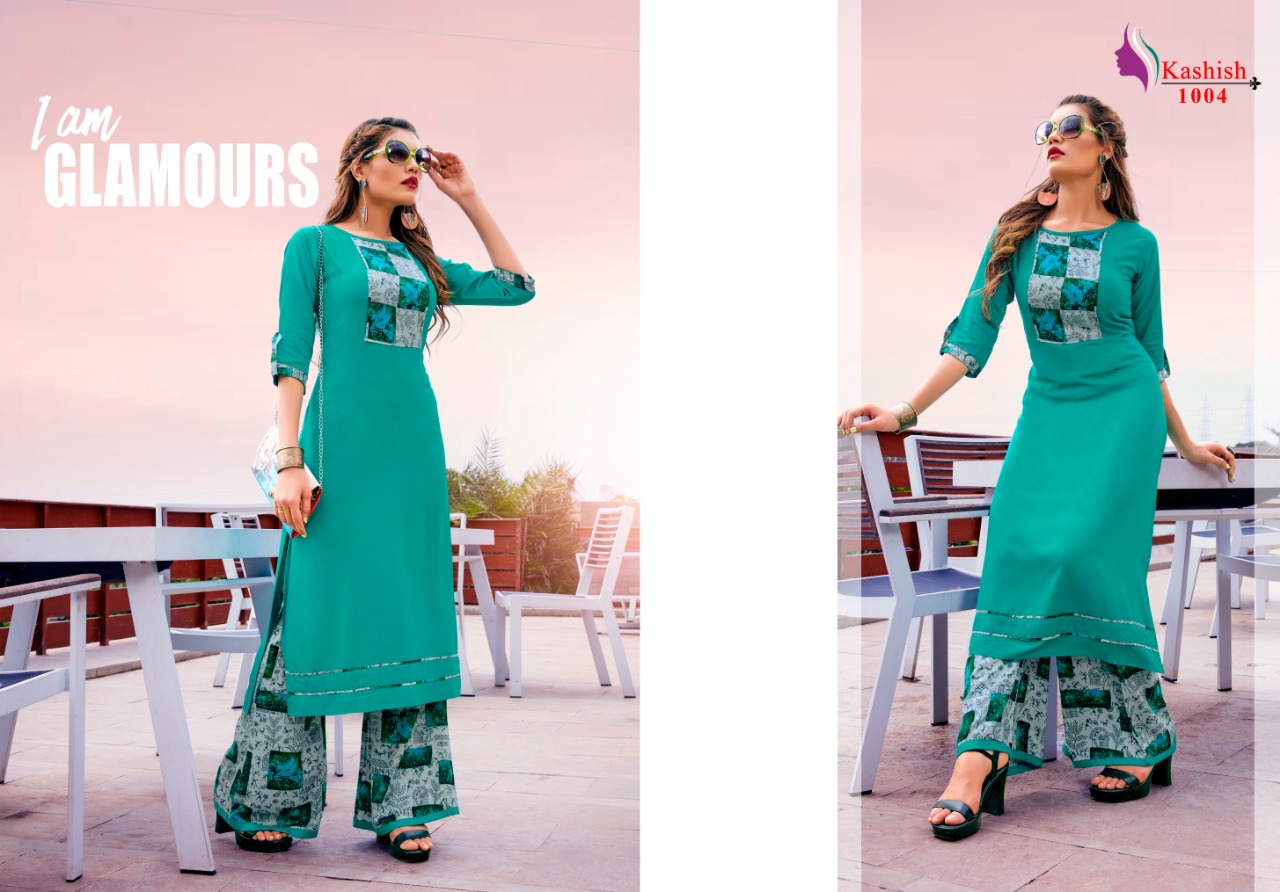 Sahiba By Kashish 1001 To 1007 Series Beautiful Stylish Fancy Colorful Casual Wear & Ethnic Wear & Ready To Wear Rayon Printed Kurtis & Palazzos At Wholesale Price