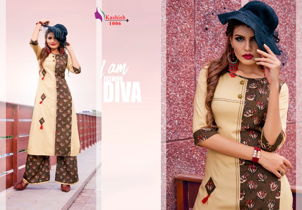 Sahiba By Kashish 1001 To 1007 Series Beautiful Stylish Fancy Colorful Casual Wear & Ethnic Wear & Ready To Wear Rayon Printed Kurtis & Palazzos At Wholesale Price