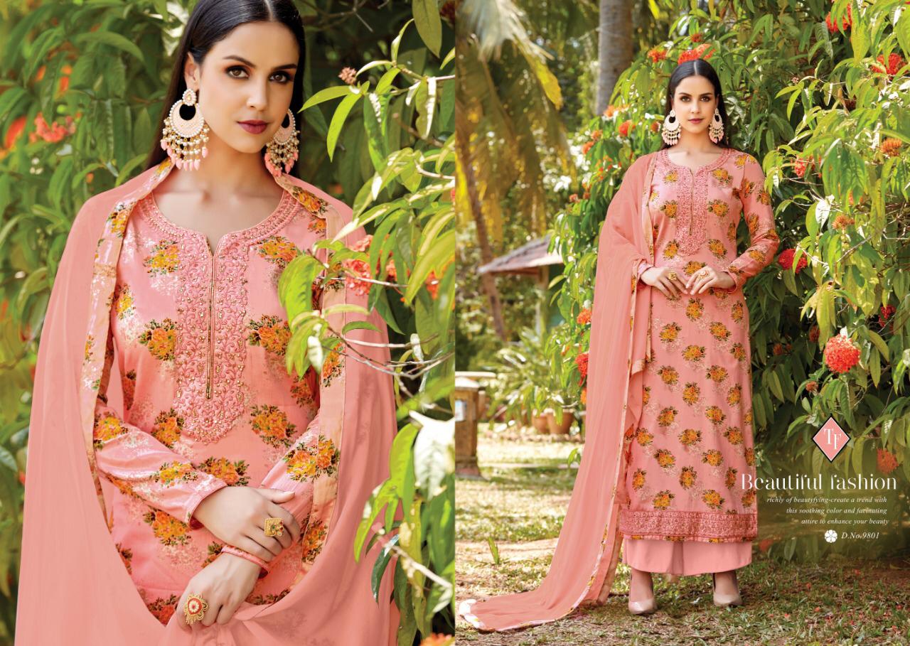 Saho By Tanishk Fashion 9801 To 9808 Series Indian Traditional Wear Collection Beautiful Stylish Fancy Colorful Party Wear & Occasional Wear Pure Jam Silk Satin Print With Embroidery Work Dresses At Wholesale Price
