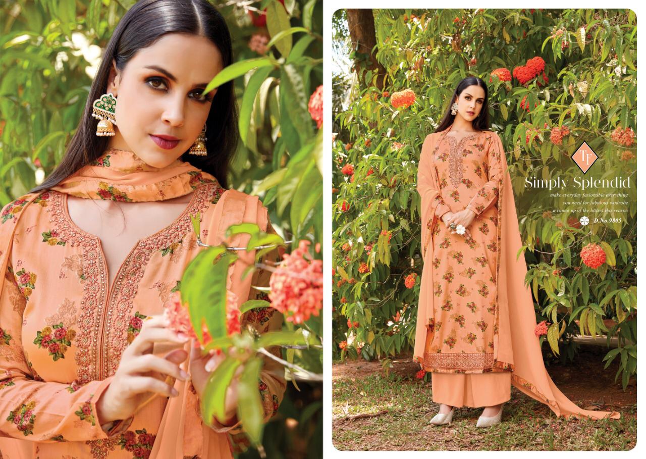 Saho By Tanishk Fashion 9801 To 9808 Series Indian Traditional Wear Collection Beautiful Stylish Fancy Colorful Party Wear & Occasional Wear Pure Jam Silk Satin Print With Embroidery Work Dresses At Wholesale Price