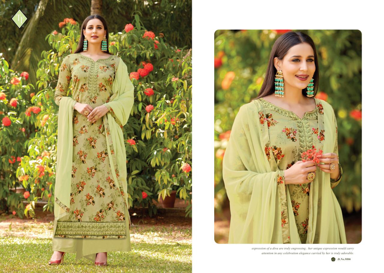 Saho By Tanishk Fashion 9801 To 9808 Series Indian Traditional Wear Collection Beautiful Stylish Fancy Colorful Party Wear & Occasional Wear Pure Jam Silk Satin Print With Embroidery Work Dresses At Wholesale Price