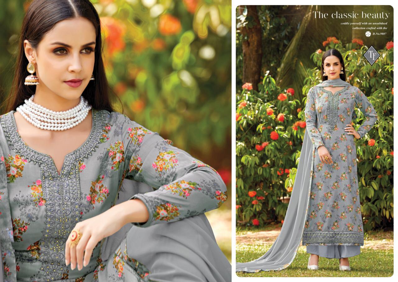Saho By Tanishk Fashion 9801 To 9808 Series Indian Traditional Wear Collection Beautiful Stylish Fancy Colorful Party Wear & Occasional Wear Pure Jam Silk Satin Print With Embroidery Work Dresses At Wholesale Price