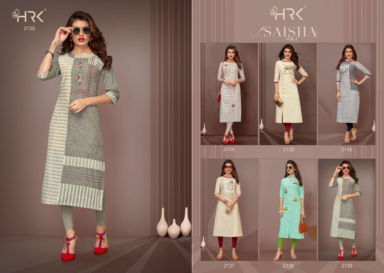 Saisha Vol-2 By Hrk 2134 To 2139 Beautiful Stylish Colorful Fancy Party Wear & Ethnic Wear & Ready To Wear Cotton Mix With Embroidery Work Kurtis At Wholesale Price