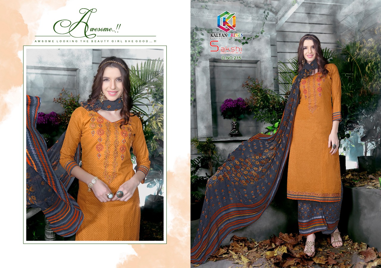 Sakshi Vol-2 By Kalyan Prints 213 To 220 Series Beautiful Stylish Fancy Colorful Ethnic Wear Collection  Casual Wear Cambric Cotton Printed & Embroidered Dresses At Wholesale Price