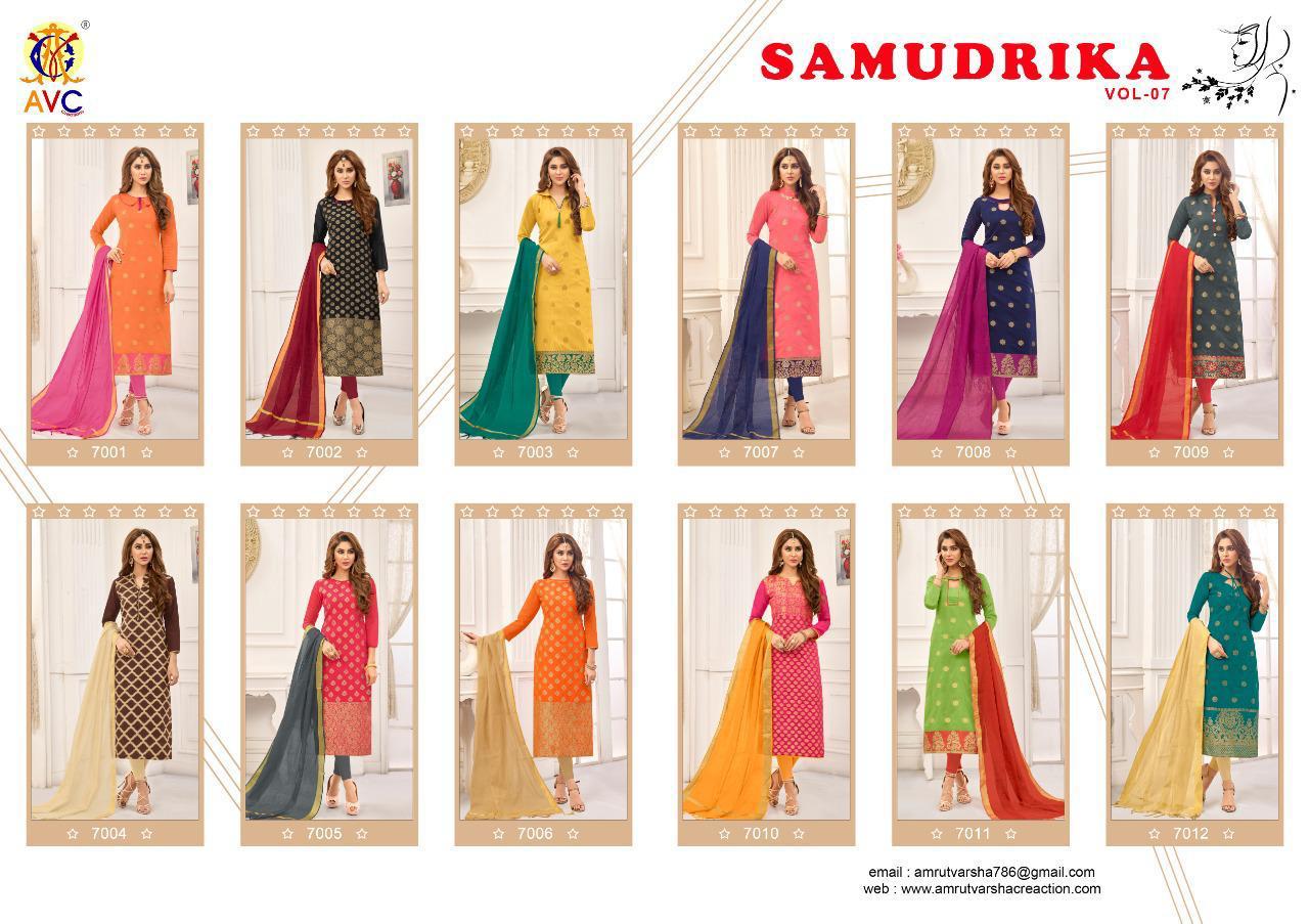 Samudrika Vol-7 By Amrut Varsha Creation 7001 To 7012 Series Beautiful Suits Colorful Stylish Fancy Colorful Casual Wear & Ethnic Wear Banarasi Jacquard Printed Dresses At Wholesale Price
