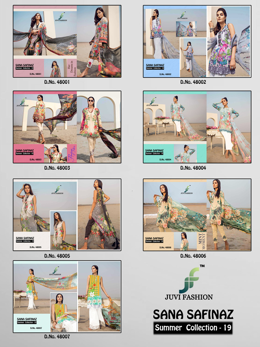 Sana Safinaz Summer Collection-19 By Juvi Fashion 48001 To 48007 Series Designer Pakistani Collection Suits Beautiful Stylish Fancy Colorful Party Wear & Occasional Wear Cotton Digital Print With Embroidery Dresses At Wholesale Price