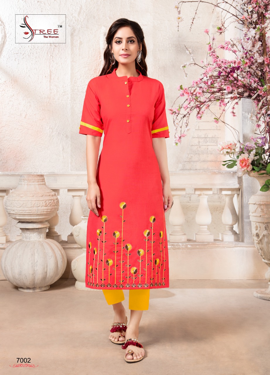Sangeet Vol-7 By Stree The Woman 7001 To 7006 Series Beautiful Colorful Stylish Fancy Casual Wear & Ethnic Wear & Ready To Wear Heavy Cotton Magic Slub With Embroidered Kurtis At Wholesale Price