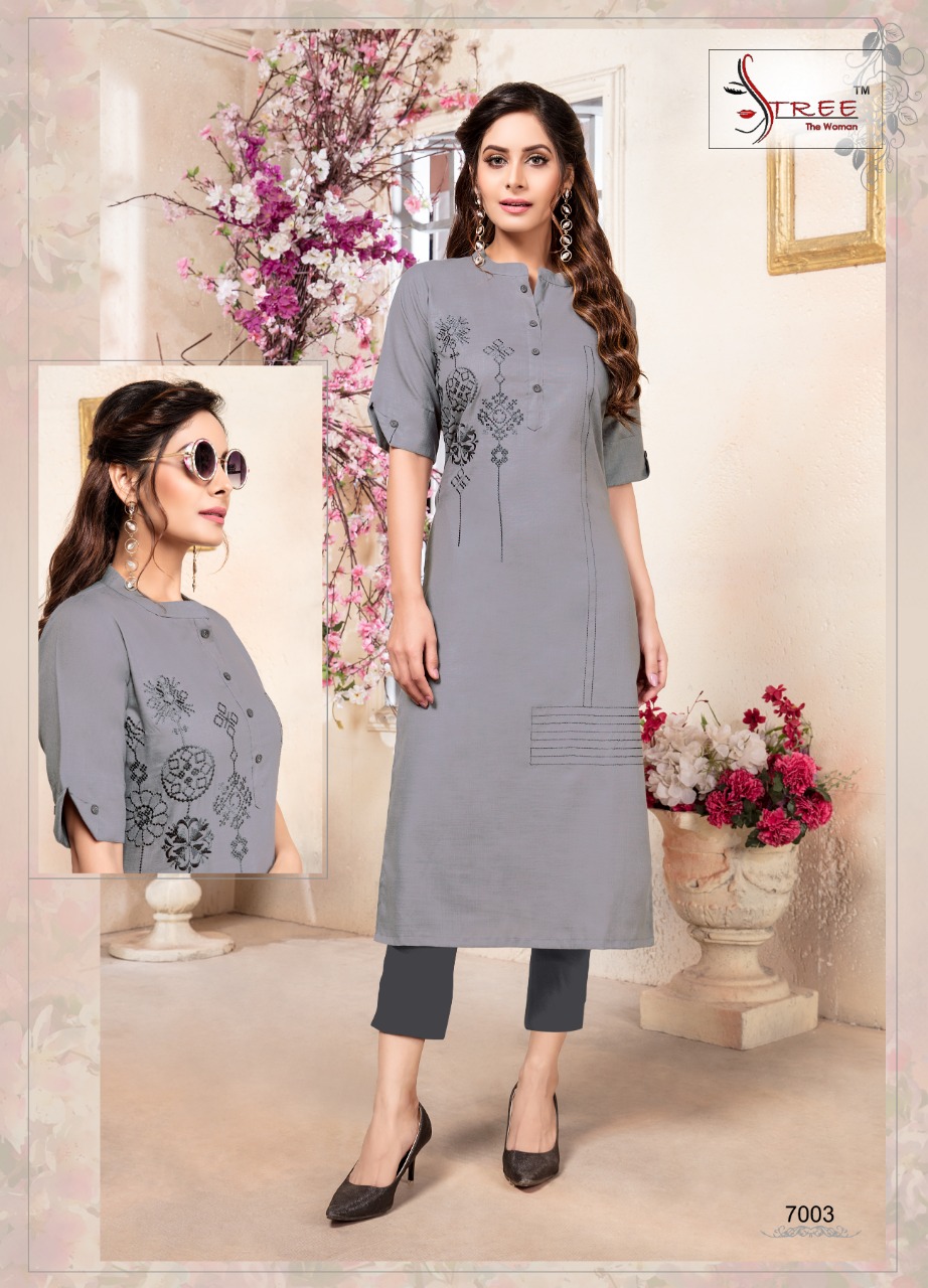 Sangeet Vol-7 By Stree The Woman 7001 To 7006 Series Beautiful Colorful Stylish Fancy Casual Wear & Ethnic Wear & Ready To Wear Heavy Cotton Magic Slub With Embroidered Kurtis At Wholesale Price