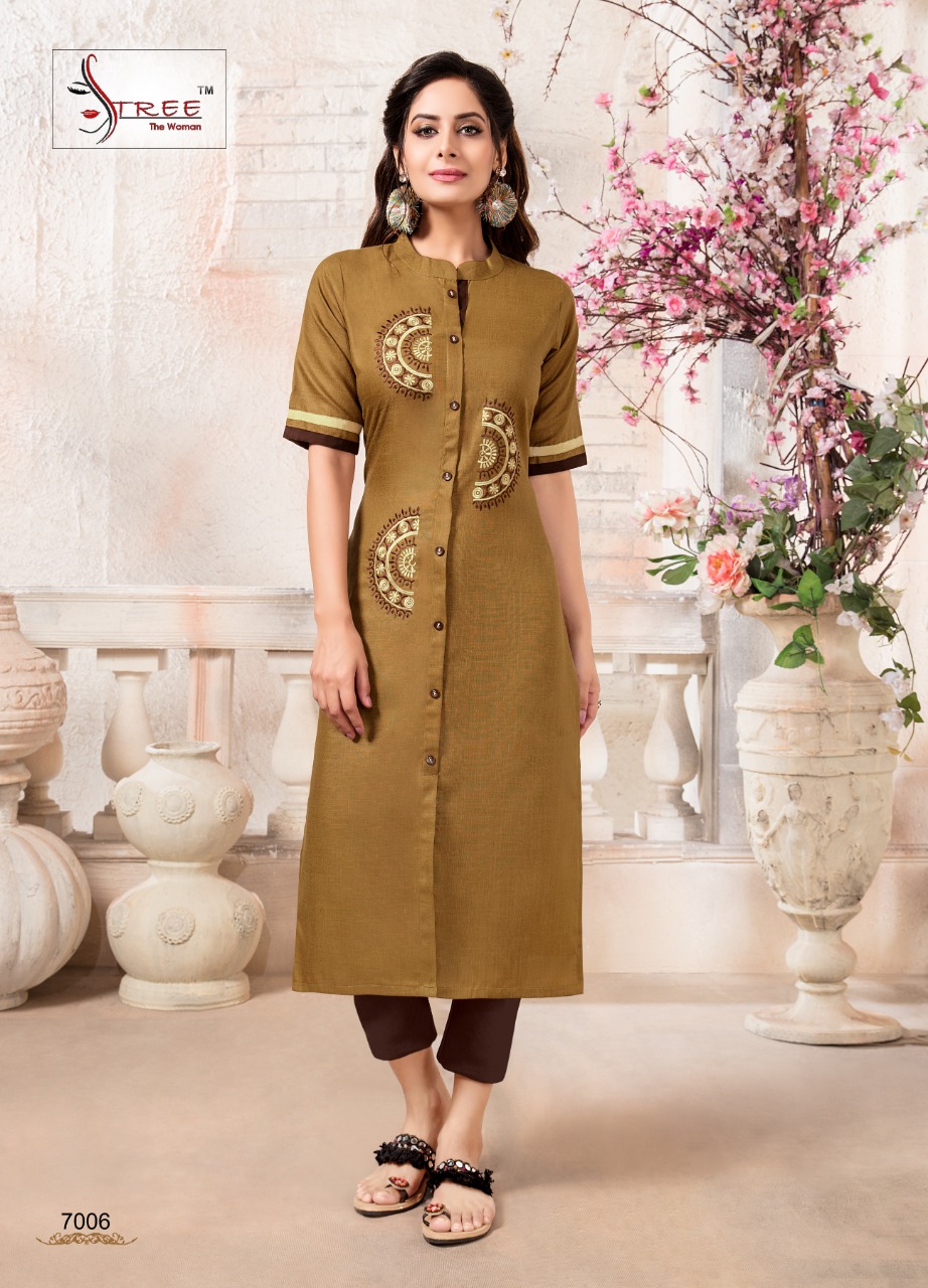 Sangeet Vol-7 By Stree The Woman 7001 To 7006 Series Beautiful Colorful Stylish Fancy Casual Wear & Ethnic Wear & Ready To Wear Heavy Cotton Magic Slub With Embroidered Kurtis At Wholesale Price