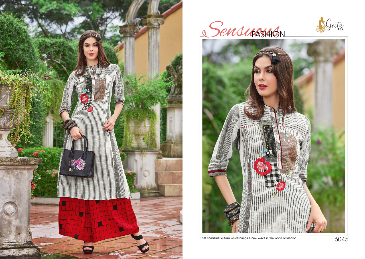 Saniya By Geeta Tex 6044 To 6051 Series Beautiful Colorful Stylish Fancy Casual Wear & Ethnic Wear & Ready To Wear Cotton/ Silk Kurtis & Palazzos At Wholesale Price