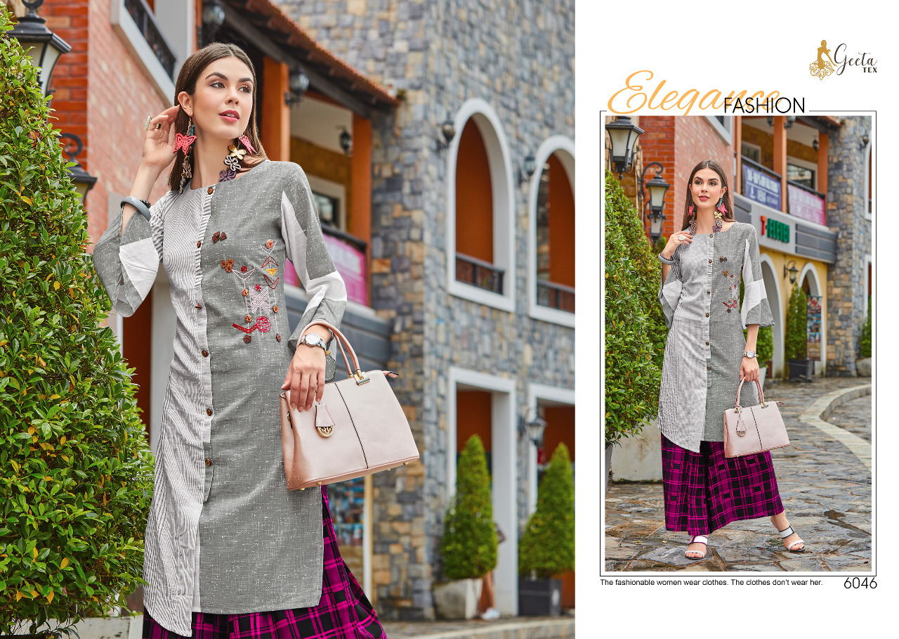 Saniya By Geeta Tex 6044 To 6051 Series Beautiful Colorful Stylish Fancy Casual Wear & Ethnic Wear & Ready To Wear Cotton/ Silk Kurtis & Palazzos At Wholesale Price