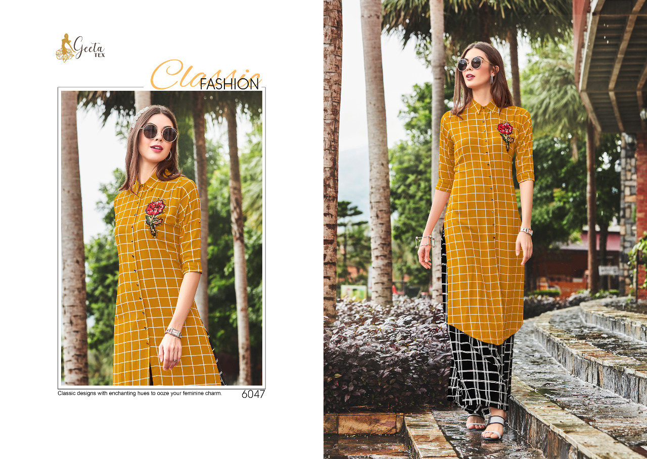 Saniya By Geeta Tex 6044 To 6051 Series Beautiful Colorful Stylish Fancy Casual Wear & Ethnic Wear & Ready To Wear Cotton/ Silk Kurtis & Palazzos At Wholesale Price