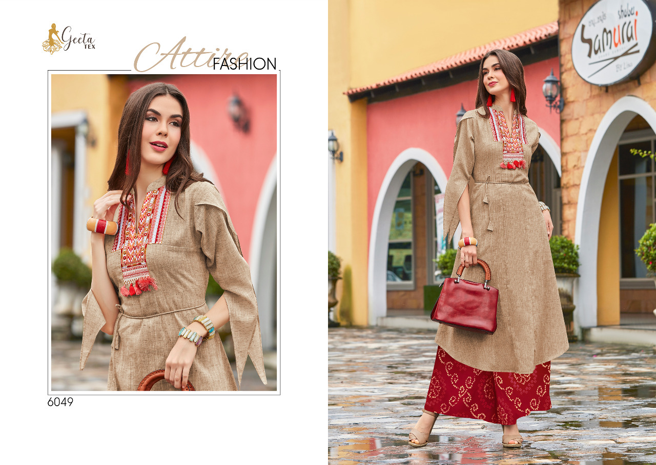 Saniya By Geeta Tex 6044 To 6051 Series Beautiful Colorful Stylish Fancy Casual Wear & Ethnic Wear & Ready To Wear Cotton/ Silk Kurtis & Palazzos At Wholesale Price