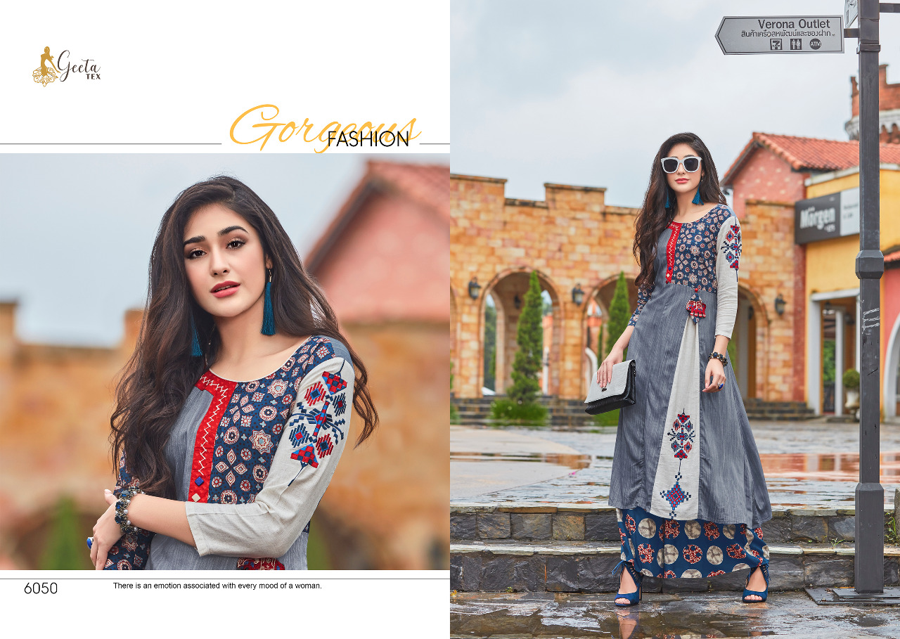 Saniya By Geeta Tex 6044 To 6051 Series Beautiful Colorful Stylish Fancy Casual Wear & Ethnic Wear & Ready To Wear Cotton/ Silk Kurtis & Palazzos At Wholesale Price