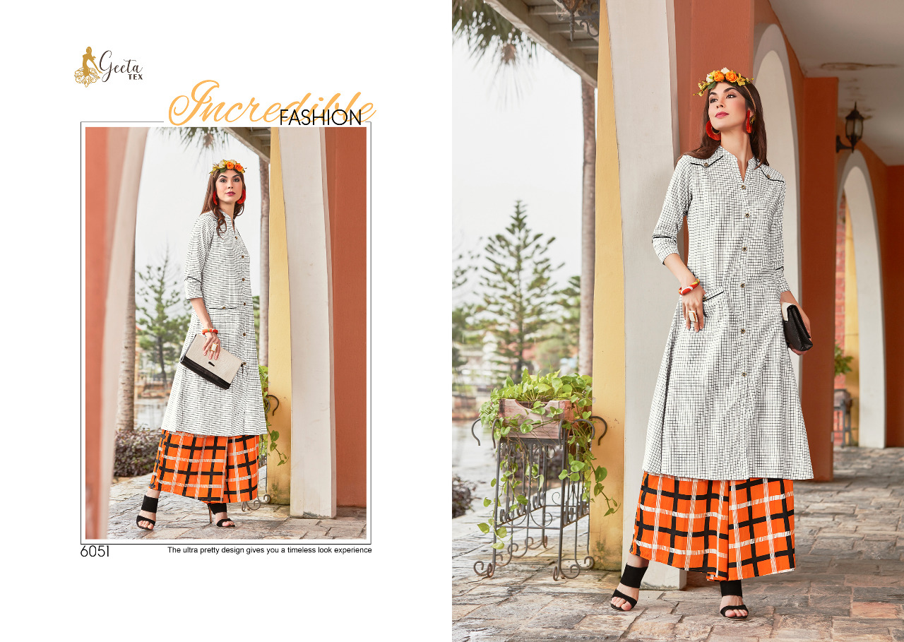Saniya By Geeta Tex 6044 To 6051 Series Beautiful Colorful Stylish Fancy Casual Wear & Ethnic Wear & Ready To Wear Cotton/ Silk Kurtis & Palazzos At Wholesale Price