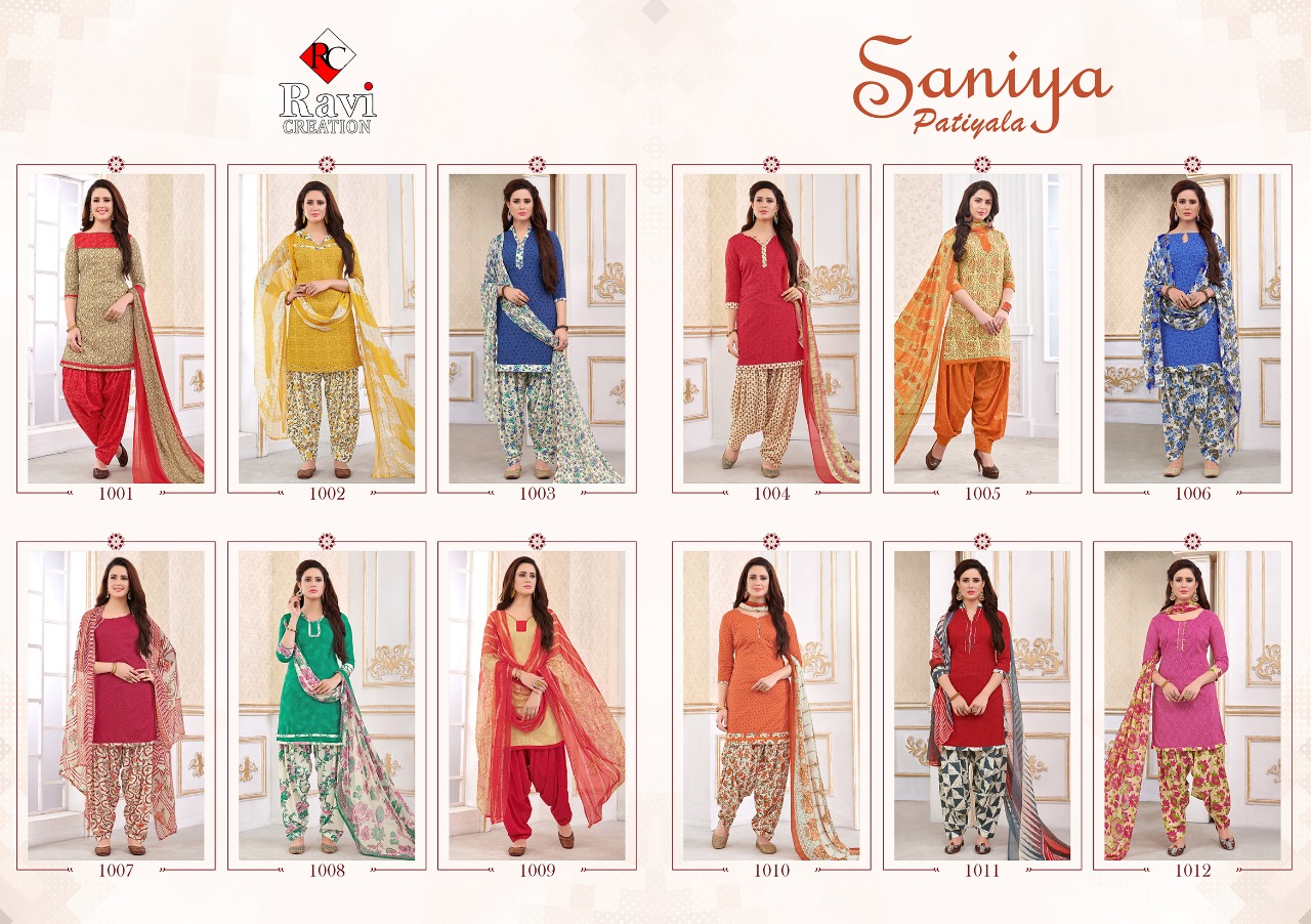 Saniya Patiyala By Ravi Creation 1001 To 1012 Series Beautiful Patiyala Suits Colorful Stylish Fancy Casual Wear & Ethnic Wear Cotton Printed Dresses At Wholesale Price