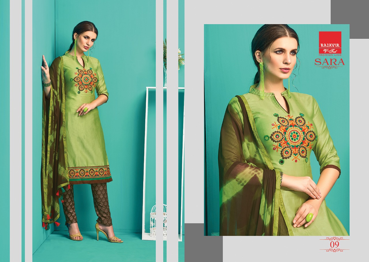 Sara By Rajavir Fashion Line 9 To 17 Series Beautiful Stylish Designer Embroidered Party Wear Pure Satin Cotton Embroidered Dresses At Wholesale Price