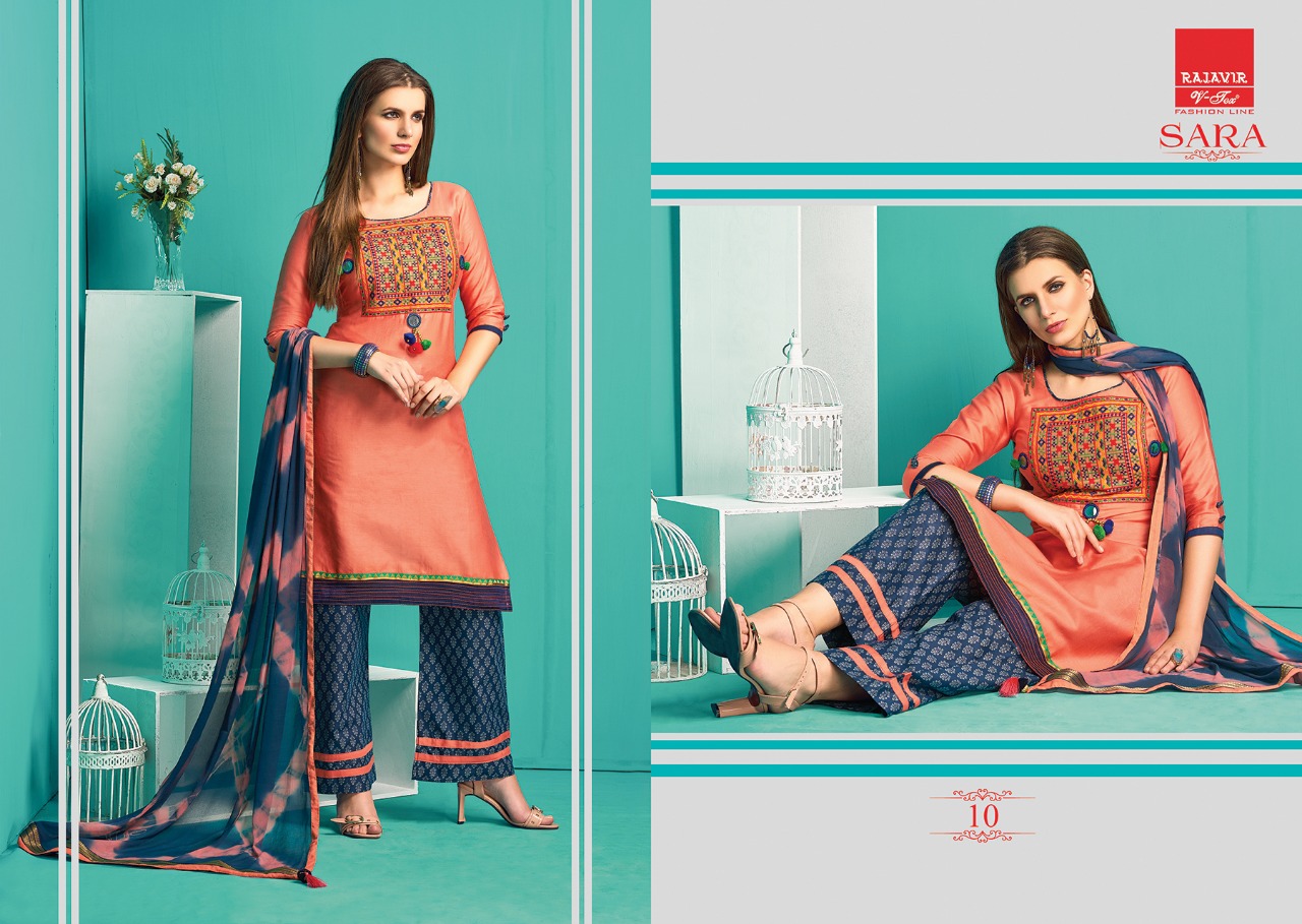 Sara By Rajavir Fashion Line 9 To 17 Series Beautiful Stylish Designer Embroidered Party Wear Pure Satin Cotton Embroidered Dresses At Wholesale Price