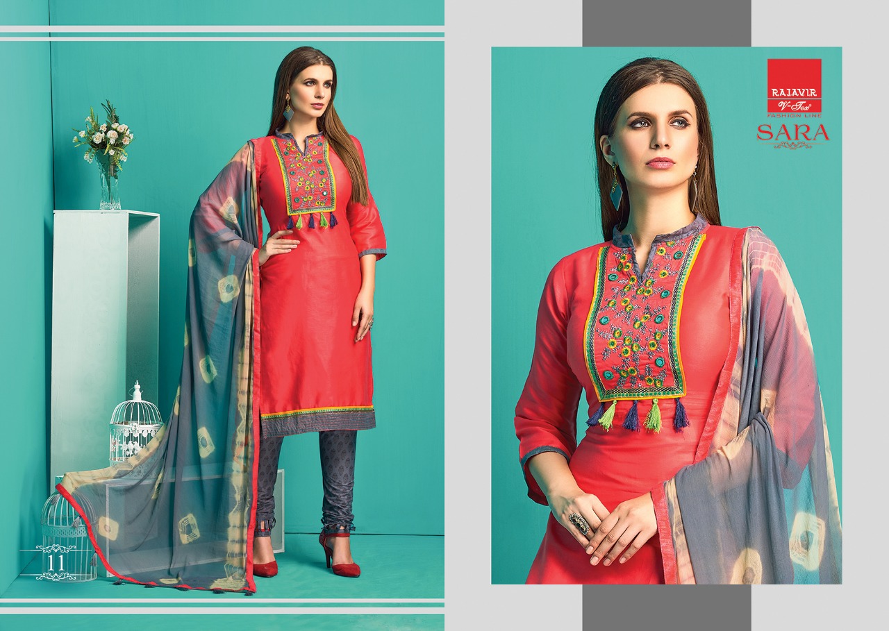 Sara By Rajavir Fashion Line 9 To 17 Series Beautiful Stylish Designer Embroidered Party Wear Pure Satin Cotton Embroidered Dresses At Wholesale Price