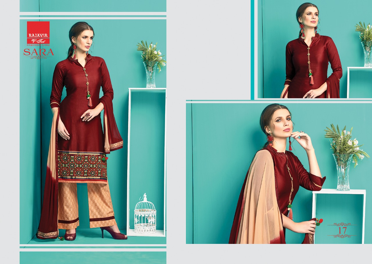 Sara By Rajavir Fashion Line 9 To 17 Series Beautiful Stylish Designer Embroidered Party Wear Pure Satin Cotton Embroidered Dresses At Wholesale Price