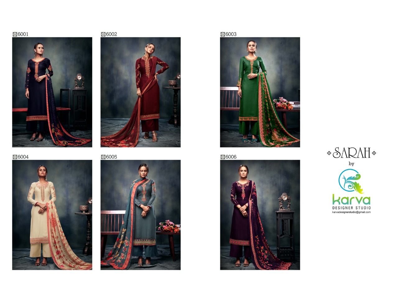 Sarah By Karva Designer Studio 6001 To 6006 Series Designer Festive Suits Collection Beautiful Stylish Fancy Colorful Party Wear & Occasional Wear Pure Viscose Pashmina Embroidered Dresses At Wholesale Price