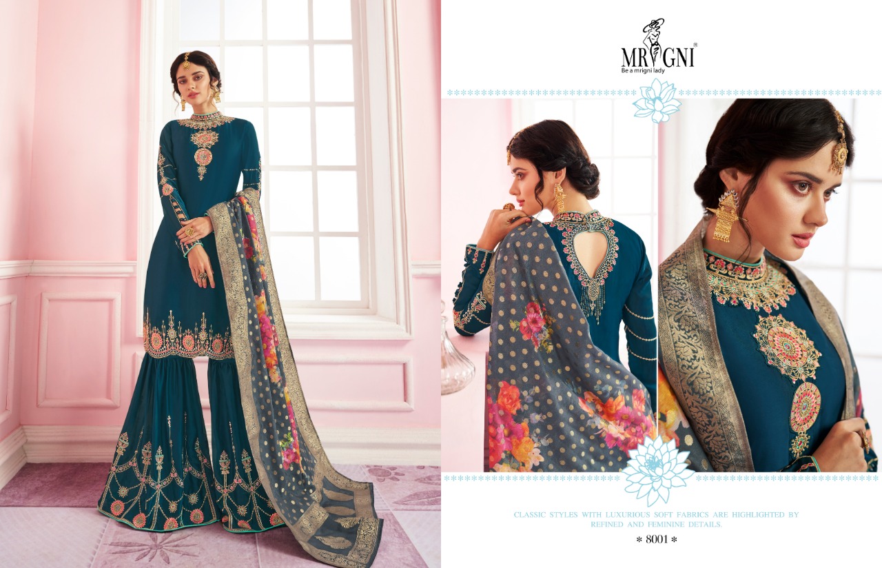 Sarara By Mrigni 8001 To 8006 Series Designer Festive Sarara Suits Collection Beautiful Stylish Fancy Colorful Party Wear & Occasional Wear Satin Georgette Dresses At Wholesale Price