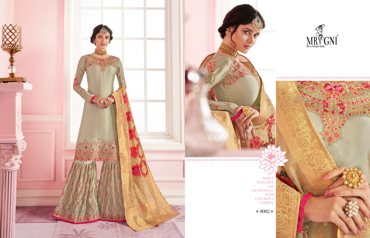 Sarara By Mrigni 8001 To 8006 Series Designer Festive Sarara Suits Collection Beautiful Stylish Fancy Colorful Party Wear & Occasional Wear Satin Georgette Dresses At Wholesale Price