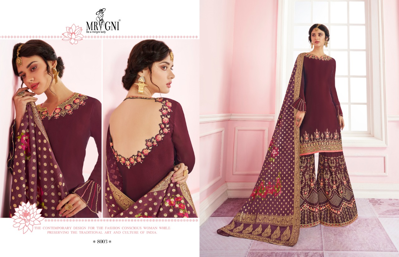 Sarara By Mrigni 8001 To 8006 Series Designer Festive Sarara Suits Collection Beautiful Stylish Fancy Colorful Party Wear & Occasional Wear Satin Georgette Dresses At Wholesale Price