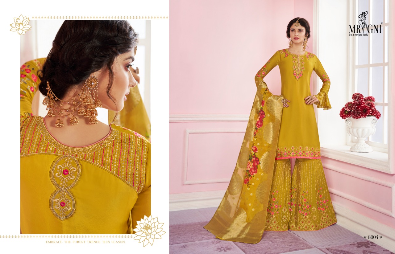 Sarara By Mrigni 8001 To 8006 Series Designer Festive Sarara Suits Collection Beautiful Stylish Fancy Colorful Party Wear & Occasional Wear Satin Georgette Dresses At Wholesale Price